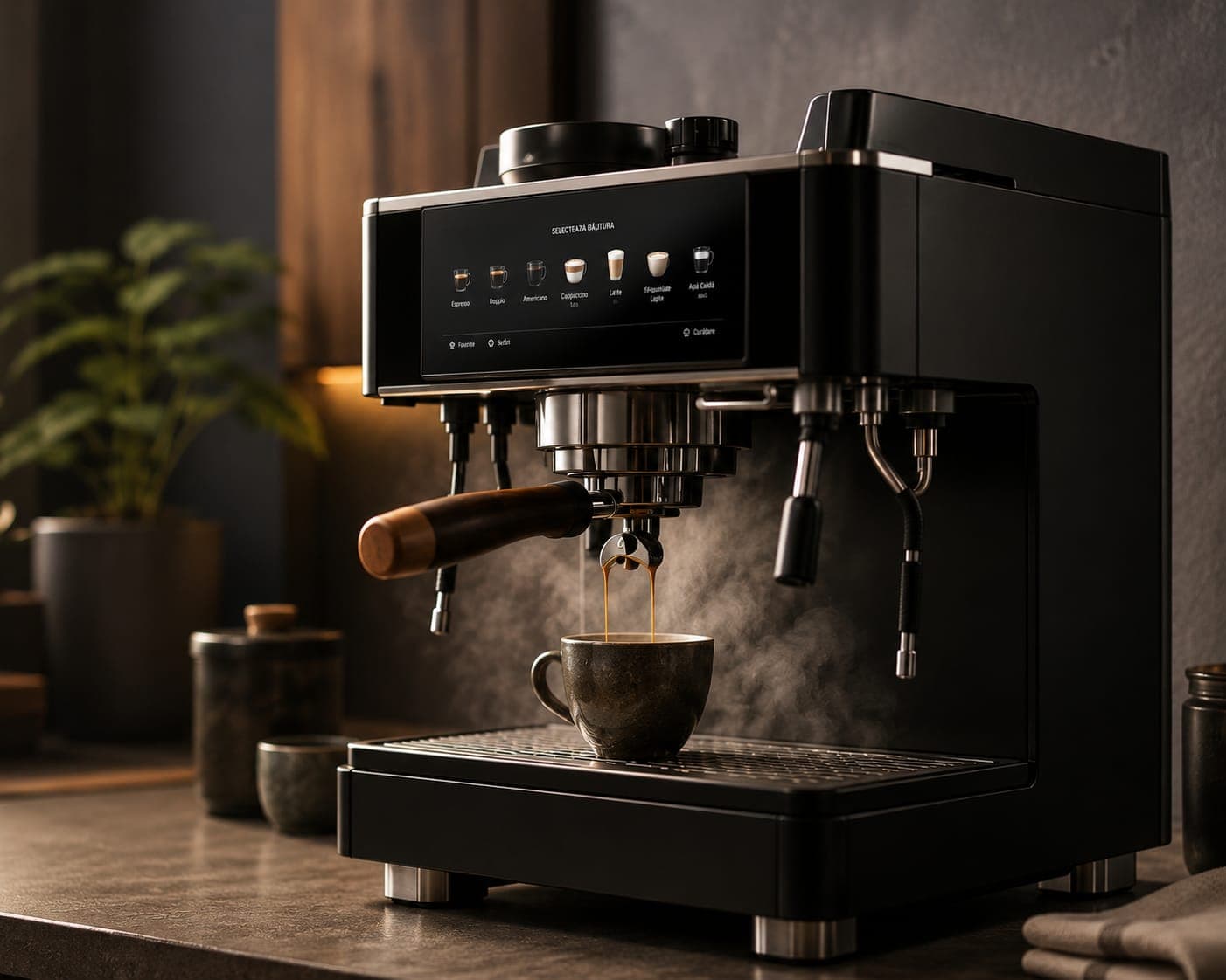 Espressor profesional negru, cu un espresso proaspăt extras