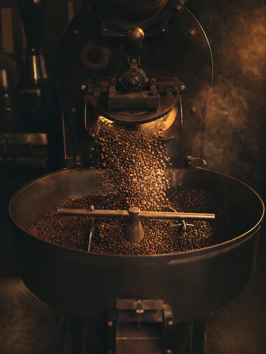 Boabe de cafea în tamburul prăjitorului, în plină prăjire