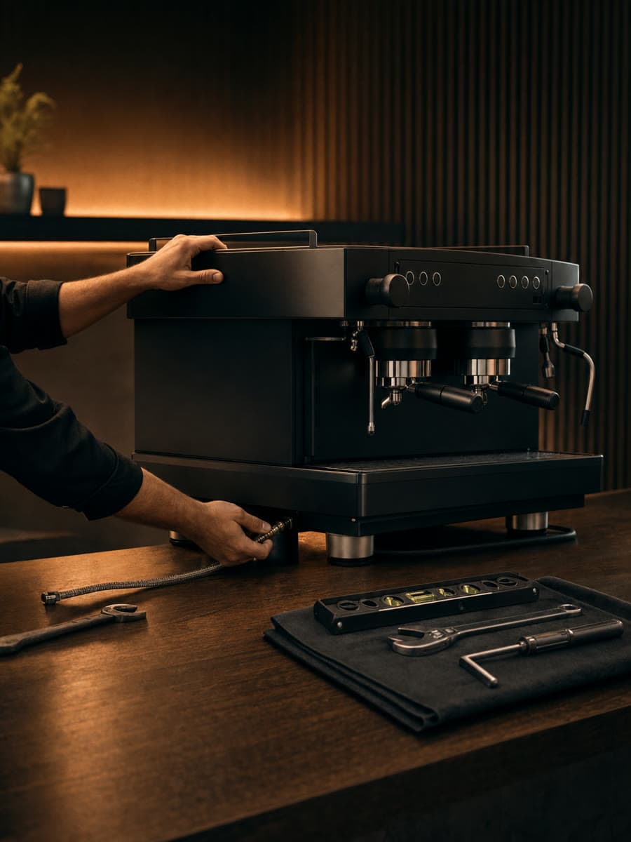 Tehnician instalând un espressor profesional pe blatul barului