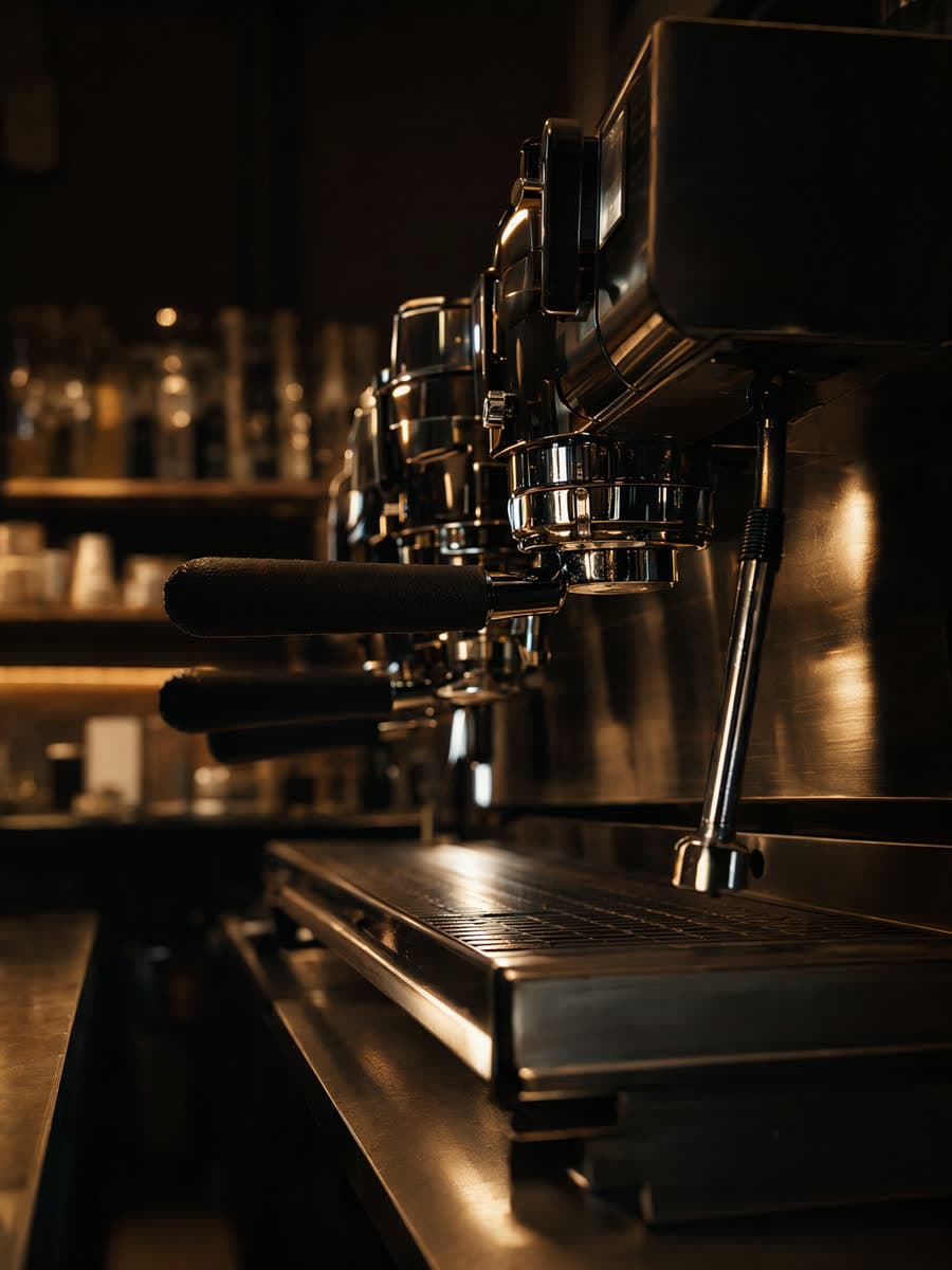 Espressor profesional cu grupuri cromate, în lumină caldă