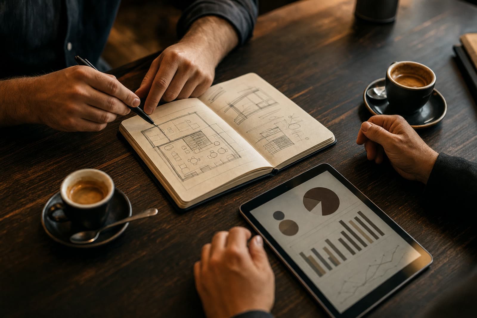 Consultanță la masă: caiet cu schițe, tabletă cu grafice și espresso