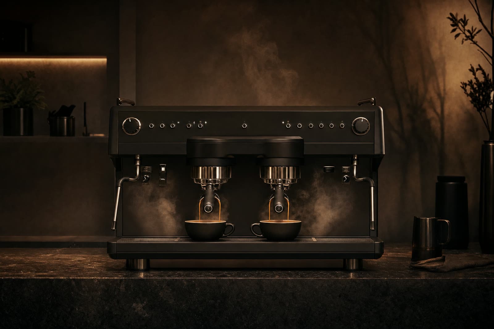Espressor profesional negru mat cu două grupuri, extrăgând espresso